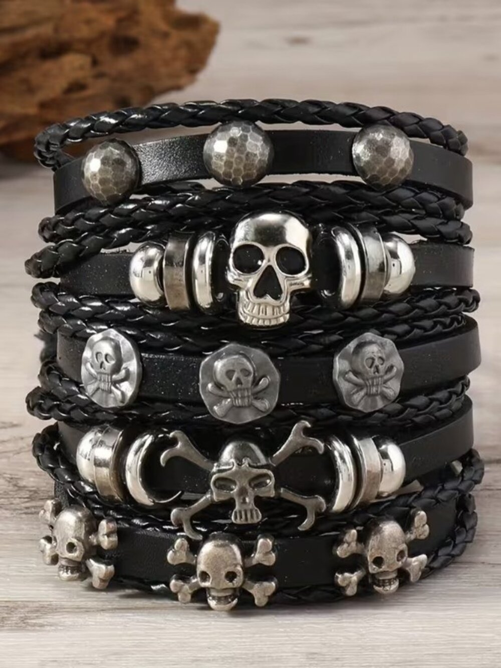 5pcs/Set of Halloween Gothic Skull Multi Layer Faux Leather Bangle Bracelet